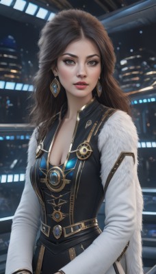 1girl,solo,long hair,breasts,looking at viewer,brown hair,long sleeves,dress,cleavage,brown eyes,jewelry,medium breasts,closed mouth,upper body,earrings,black dress,lips,coat,grey eyes,fur trim,makeup,night,lipstick,brooch,gem,realistic,nose,red lips,bangs,parted lips,artist name,parted bangs,eyelashes,forehead