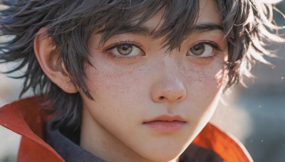 solo,looking at viewer,short hair,bangs,black hair,1boy,hair between eyes,brown eyes,closed mouth,jacket,male focus,blurry,lips,eyelashes,depth of field,blurry background,portrait,close-up,freckles,realistic,nose,1girl,expressionless,sunlight,messy hair