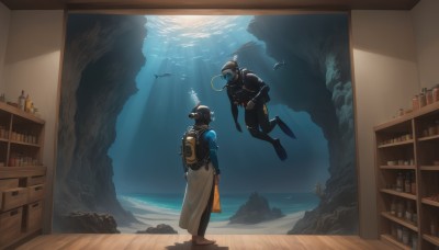 1boy,male focus,multiple boys,barefoot,indoors,2boys,water,bag,from behind,bodysuit,ocean,sunlight,backpack,helmet,bottle,goggles,scenery,1other,fish,bubble,light rays,underwater,bookshelf,air bubble,shelf,jar,ambiguous gender,submerged,diving mask,wetsuit,diving,standing,armor,looking at another,book,sunbeam,gas mask