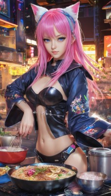 1girl,solo,long hair,breasts,looking at viewer,smile,bangs,blue eyes,long sleeves,navel,holding,animal ears,cleavage,medium breasts,closed mouth,underwear,standing,panties,jacket,pink hair,cowboy shot,hairband,food,midriff,indoors,cat ears,wide sleeves,stomach,cup,lips,animal ear fluff,black panties,night,fake animal ears,bowl,chopsticks,noodles,bustier,holding bowl,ramen,jewelry,earrings,small breasts,piercing,ear piercing,pink lips