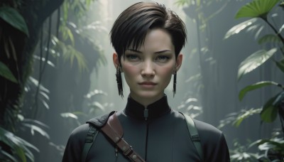 1girl,solo,looking at viewer,short hair,bangs,blue eyes,brown hair,black hair,jewelry,closed mouth,jacket,upper body,earrings,outdoors,blurry,lips,grey eyes,bodysuit,leaf,sunlight,plant,portrait,nature,forest,zipper,freckles,realistic,strap,asymmetrical hair,nose,asymmetrical bangs