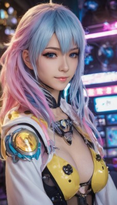 1girl,solo,long hair,breasts,looking at viewer,smile,bangs,blue eyes,large breasts,cleavage,jewelry,medium breasts,closed mouth,blue hair,jacket,swimsuit,upper body,pink hair,bikini,multicolored hair,open clothes,choker,hood,necklace,blurry,two-tone hair,open jacket,lips,gradient hair,depth of field,blurry background,white jacket,hood down,realistic,nose,gold bikini,hair between eyes,eyelashes,bikini top only,zipper,science fiction,pink lips,yellow bikini,cyberpunk