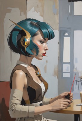 1girl,solo,breasts,short hair,hair ornament,holding,cleavage,bare shoulders,medium breasts,sitting,blue hair,small breasts,detached sleeves,from side,lips,aqua hair,blood,profile,makeup,headphones,bandages,table,bob cut,lipstick,eyeshadow,nose,red lips,bangs,blue eyes,dress,nail polish,eyelashes,watermark,realistic