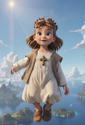 1girl,solo,looking at viewer,smile,short hair,open mouth,brown hair,long sleeves,dress,brown eyes,jewelry,standing,full body,outdoors,sky,shoes,teeth,day,cloud,water,necklace,white dress,blue sky,bird,brown footwear,sunlight,cross,child,mountain,sun,female child,male child,blush,jacket,loli,scenery,realistic,cross necklace