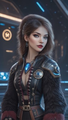 1girl,solo,long hair,breasts,looking at viewer,blue eyes,brown hair,long sleeves,cleavage,jewelry,medium breasts,jacket,upper body,ponytail,earrings,parted lips,belt,necklace,bra,armor,mole,blurry,lips,fur trim,eyelashes,makeup,blurry background,lipstick,gem,buckle,eyeshadow,nose,red lips,leather,underwear,open clothes,artist name,coat,black bra,zipper,backlighting,realistic