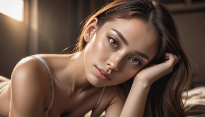 1girl,solo,long hair,breasts,looking at viewer,brown hair,cleavage,bare shoulders,brown eyes,jewelry,closed mouth,underwear,collarbone,upper body,earrings,lying,indoors,bra,blurry,lips,window,bed,blurry background,sunlight,on stomach,head rest,realistic,nose,stud earrings,parted lips,eyelashes,depth of field,close-up,white bra