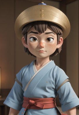 solo,looking at viewer,short hair,brown hair,1boy,hat,brown eyes,closed mouth,upper body,short sleeves,male focus,japanese clothes,indoors,kimono,blurry,sash,blurry background,thick eyebrows,child,freckles,straw hat,male child,bangs,lips,chinese clothes,realistic