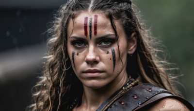 1girl,solo,long hair,looking at viewer,blonde hair,brown hair,brown eyes,jewelry,closed mouth,green eyes,earrings,armor,blurry,lips,blurry background,wavy hair,facial mark,messy hair,portrait,freckles,realistic,nose,black hair,necklace,close-up,forehead mark,headdress,facepaint,dreadlocks,tribal