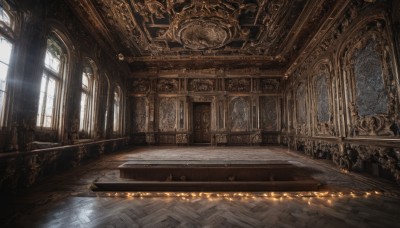 day,indoors,dutch angle,no humans,window,sunlight,scenery,light rays,wooden floor,stairs,clock,light,architecture,sunbeam,pillar,statue,carpet,church,arch,chandelier,chair,table,fantasy,candle,candlestand