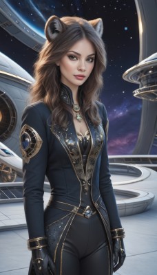 1girl,solo,long hair,breasts,looking at viewer,brown hair,gloves,long sleeves,animal ears,cleavage,brown eyes,jewelry,medium breasts,standing,cowboy shot,sky,black gloves,pants,necklace,lips,bodysuit,makeup,black pants,gem,star (sky),starry sky,science fiction,realistic,red lips,space,lion ears,planet,spacecraft,black bodysuit