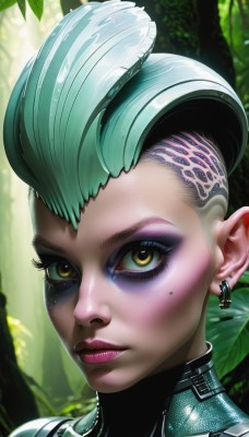 1girl,solo,looking at viewer,short hair,brown eyes,jewelry,closed mouth,yellow eyes,multicolored hair,earrings,green hair,mole,two-tone hair,lips,eyelashes,mole under eye,bodysuit,makeup,lipstick,portrait,eyeshadow,realistic,nose,eyeliner,undercut,cyborg,mascara,cyberpunk,pointy ears,leaf,nature,close-up,asymmetrical hair