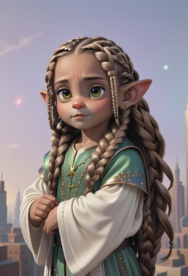 1girl,solo,long hair,looking at viewer,brown hair,hair ornament,long sleeves,dress,jewelry,very long hair,closed mouth,green eyes,upper body,braid,earrings,outdoors,sky,pointy ears,wide sleeves,necklace,twin braids,lips,own hands together,building,child,forehead,freckles,green dress,robe,city,nose,female child,layered sleeves,short over long sleeves,multiple braids,blush,blonde hair,brown eyes,artist name,flat chest,thick eyebrows,cross,elf,realistic,crown braid