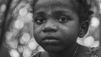 solo,looking at viewer,1boy,jewelry,closed mouth,monochrome,greyscale,male focus,artist name,signature,dark skin,necklace,blurry,lips,depth of field,blurry background,watermark,dark-skinned male,portrait,web address,freckles,realistic,nose,short hair