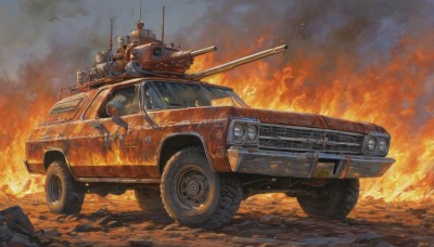 weapon,outdoors,sky,artist name,signature,military,no humans,fire,ground vehicle,motor vehicle,smoke,turret,cannon,military vehicle,tank,vehicle focus,machine gun,caterpillar tracks,radio antenna,truck,cloud,gun,science fiction,realistic,car,debris,dust,wheel,tire