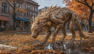 red eyes,tail,outdoors,sky,day,water,tree,blue sky,no humans,window,animal,leaf,building,scenery,claws,reflection,monster,realistic,fantasy,road,autumn leaves,street,autumn,dinosaur,deer,cloud,sign,puddle,tusks