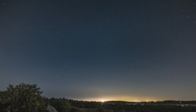 outdoors,sky,cloud,tree,no humans,night,grass,star (sky),nature,night sky,scenery,starry sky,sunset,landscape,plant,horizon,sunrise,hill