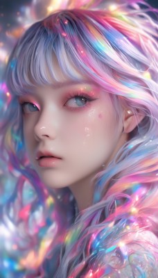 1girl,solo,long hair,looking at viewer,bangs,blue eyes,closed mouth,blue hair,pink hair,multicolored hair,parted lips,blurry,lips,eyelashes,makeup,depth of field,blurry background,portrait,light particles,close-up,eyeshadow,pink lips,realistic,nose,eyeliner,colorful,mascara,white hair,artist name,blunt bangs,looking to the side,grey eyes,watermark,web address