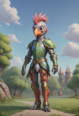 solo,looking at viewer,1boy,standing,full body,male focus,red hair,outdoors,sky,day,artist name,cloud,armor,tree,blue sky,mask,bird,grass,shoulder armor,gauntlets,pauldrons,breastplate,greaves,castle,knight,full armor,plate armor,flower,boots,no humans,feathers,armored boots,chicken,beak