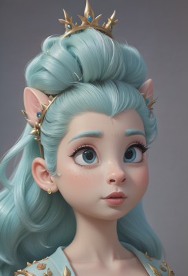 1girl,solo,long hair,blue eyes,simple background,animal ears,jewelry,closed mouth,blue hair,collarbone,earrings,pointy ears,grey background,lips,eyelashes,aqua hair,makeup,tiara,crown,portrait,forehead,freckles,hair pulled back,looking at viewer,bangs,green hair,artist name,extra ears,realistic,nose