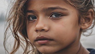 1girl,solo,looking at viewer,blonde hair,brown hair,brown eyes,parted lips,teeth,blurry,black eyes,lips,messy hair,portrait,close-up,realistic,nose,eyelashes