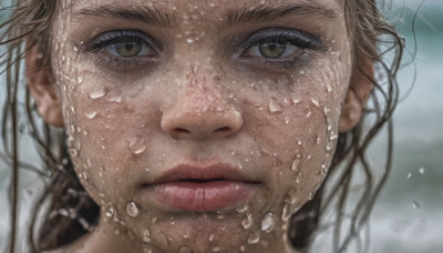 1girl, solo, looking at viewer, brown hair, brown eyes, closed mouth, water, blurry, lips, wet, eyelashes, portrait, close-up, water drop, realistic, nose, wet hair