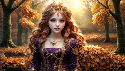 HQ,1girl,solo,long hair,breasts,looking at viewer,smile,blue eyes,brown hair,hair ornament,long sleeves,dress,cleavage,jewelry,collarbone,upper body,outdoors,parted lips,necklace,blurry,tree,lips,depth of field,leaf,wavy hair,sunlight,tiara,gem,nature,purple dress,forest,curly hair,circlet,realistic,autumn leaves,autumn,red hair,orange hair,makeup,watermark,crown,gold