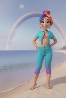 1girl,solo,breasts,looking at viewer,smile,open mouth,simple background,white background,navel,jewelry,standing,full body,purple hair,multicolored hair,earrings,small breasts,outdoors,open clothes,sky,barefoot,teeth,day,midriff,pants,cloud,dark skin,water,necklace,nail polish,bracelet,two-tone hair,dark-skinned female,blue sky,no humans,makeup,shadow,ocean,beach,ring,toenails,hands on hips,hoop earrings,rainbow,capri pants,shirt,hair ornament,brown eyes,blue hair,ponytail,pink hair,short sleeves,star (symbol),toes,piercing,scrunchie,lipstick,eyeshadow,rainbow hair