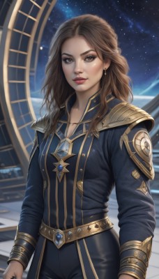 1girl,solo,long hair,breasts,looking at viewer,smile,brown hair,long sleeves,brown eyes,jewelry,closed mouth,standing,cowboy shot,earrings,sky,belt,pants,artist name,armor,lips,makeup,night,black pants,lipstick,shoulder armor,gem,star (sky),night sky,starry sky,gold trim,realistic,nose,arms at sides,red lips,space,medium breasts,necklace,bodysuit