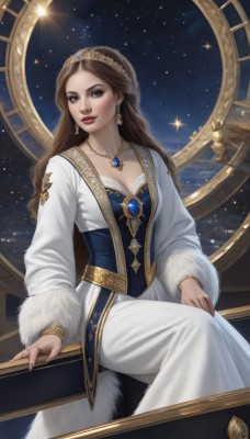 1girl,solo,long hair,breasts,looking at viewer,smile,brown hair,long sleeves,dress,cleavage,brown eyes,jewelry,medium breasts,sitting,earrings,sky,necklace,white dress,lips,fur trim,makeup,night,ring,tiara,gem,star (sky),pendant,starry sky,gold trim,braid,parted lips,bracelet,crown,lipstick,corset,realistic,white coat,red lips