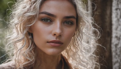 1girl,solo,long hair,looking at viewer,brown eyes,closed mouth,white hair,blurry,lips,grey eyes,eyelashes,blurry background,wavy hair,expressionless,messy hair,portrait,close-up,freckles,curly hair,realistic,nose,forehead