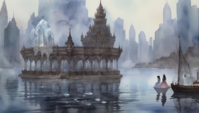 1girl,long hair,multiple girls,blonde hair,black hair,1boy,dress,2girls,outdoors,sky,cloud,water,from behind,white dress,building,scenery,reflection,crystal,city,fantasy,flag,facing away,watercraft,architecture,wide shot,bridge,river,castle,tower,boat,lake,fog,reflective water,sitting,very long hair,holding hands,cityscape