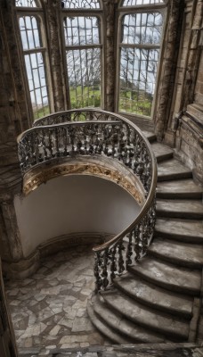 sky,day,indoors,tree,no humans,window,plant,scenery,snow,stairs,pillar,bare tree,arch,wooden floor,fantasy,wall,still life,stone wall