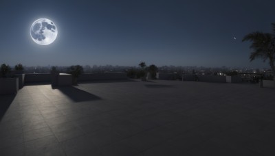 outdoors,sky,cloud,tree,no humans,night,shadow,moon,building,star (sky),night sky,scenery,city,cityscape,crescent moon,skyscraper,city lights,skyline,plant,full moon,palm tree,road