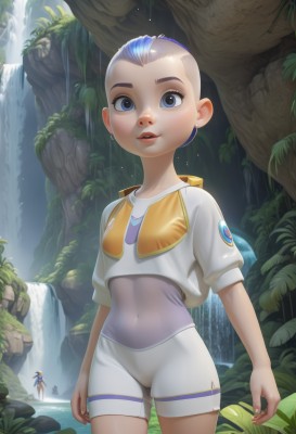 1girl,looking at viewer,short hair,open mouth,blue eyes,multiple girls,shirt,2girls,blue hair,standing,white shirt,short sleeves,cowboy shot,outdoors,parted lips,shorts,teeth,solo focus,water,flat chest,tree,lips,crop top,wet,bodysuit,covered navel,cameltoe,leaf,plant,wet clothes,nature,skin tight,wading,forest,freckles,white shorts,bald,very short hair,waterfall,1boy,navel,jewelry,purple hair,multicolored hair,earrings,multiple boys,3girls,two-tone hair,mohawk