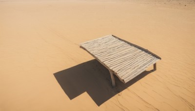 outdoors,no humans,shadow,beach,instrument,scenery,wooden floor,sand,piano,still life,desert,wood,simple background,monochrome,signature,from above,traditional media,orange background,bench