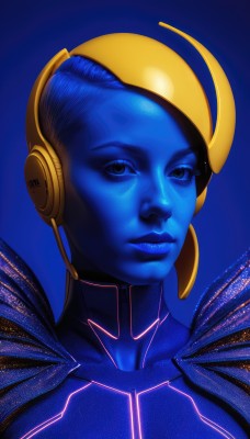 1girl,solo,looking at viewer,short hair,blue eyes,simple background,closed mouth,blue hair,upper body,signature,lips,bodysuit,makeup,colored skin,headphones,blue background,helmet,portrait,blue theme,realistic,nose,blue skin,artist name,eyelashes,science fiction,alien