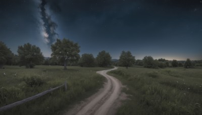 outdoors,sky,cloud,tree,no humans,night,grass,star (sky),nature,night sky,scenery,forest,smoke,starry sky,road,bush,path,field