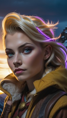 1girl,solo,long hair,looking at viewer,blue eyes,blonde hair,jewelry,closed mouth,jacket,upper body,braid,multicolored hair,earrings,sky,necklace,lips,eyelashes,single braid,makeup,portrait,freckles,realistic,nose,stud earrings,short hair,outdoors,parted lips,artist name,cloud,signature,fur trim,glowing,lipstick,close-up,forehead,eyeshadow,backlighting,fur collar,eyeliner,mascara