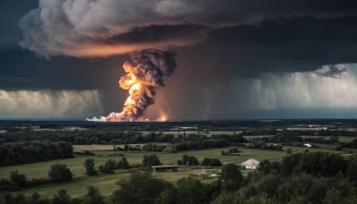 outdoors,sky,cloud,water,tree,no humans,cloudy sky,grass,fire,building,nature,scenery,forest,smoke,mountain,giant,house,river,landscape,day,military,ocean,ground vehicle,motor vehicle,science fiction,city,military vehicle,explosion