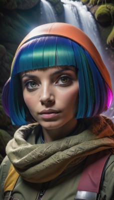 1girl,solo,looking at viewer,short hair,bangs,hat,brown eyes,closed mouth,blue hair,jacket,upper body,pink hair,purple hair,multicolored hair,artist name,blunt bangs,water,bag,scarf,blurry,two-tone hair,lips,eyelashes,gradient hair,heterochromia,watermark,bob cut,backpack,portrait,web address,zipper,freckles,realistic,nose,waterfall,outdoors,green hair,solo focus,shiny,signature,sunlight,pocket,light rays,strap