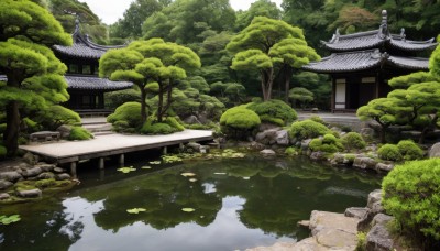 outdoors,day,water,tree,no humans,grass,building,nature,scenery,forest,reflection,rock,architecture,bridge,east asian architecture,river,shrine,lily pad,pond,stone lantern,real world location