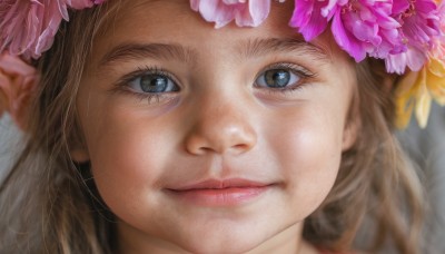 1girl,solo,long hair,looking at viewer,smile,blue eyes,brown hair,hair ornament,brown eyes,closed mouth,flower,pointy ears,hair flower,blurry,lips,eyelashes,portrait,close-up,pink flower,realistic,nose,head wreath,eye focus,depth of field