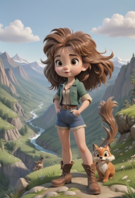 1girl,solo,long hair,smile,brown hair,shirt,brown eyes,jewelry,standing,jacket,tail,full body,white shirt,flower,boots,outdoors,parted lips,open clothes,sky,shorts,teeth,day,belt,cloud,signature,water,necklace,open jacket,tree,blue sky,lips,short shorts,animal,brown footwear,grass,denim,messy hair,nature,furry,sleeves rolled up,freckles,blue shorts,denim shorts,hands on hips,dog,rock,mountain,hands in pockets,cutoffs,river,cliff,looking at viewer,open mouth,animal ears,artist name,watermark,green jacket,fox