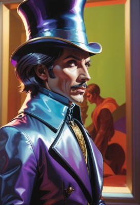 solo,looking at viewer,short hair,shirt,black hair,1boy,hat,brown eyes,closed mouth,jacket,upper body,male focus,multiple boys,solo focus,shiny,indoors,lips,facial hair,top hat,nose,mustache,purple jacket,purple headwear,dark skin,realistic