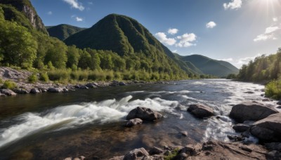 outdoors,sky,day,cloud,water,tree,blue sky,no humans,sunlight,grass,nature,scenery,forest,rock,mountain,sun,river,waterfall,landscape,cliff,ocean,cloudy sky,stream