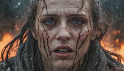 1girl,solo,long hair,looking at viewer,open mouth,blue eyes,black hair,1boy,male focus,parted lips,teeth,blurry,lips,blurry background,fire,portrait,close-up,freckles,realistic,burning,green eyes,eyelashes,blood,clenched teeth,blood on face