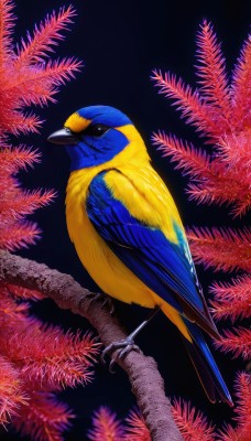 solo,looking at viewer,closed mouth,full body,black eyes,from side,tree,no humans,bird,animal,leaf,plant,black background,flying,realistic,branch,animal focus,beak,parrot,signature,feathers