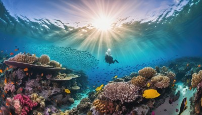 1girl,solo,1boy,white hair,outdoors,sky,water,from behind,ocean,animal,sunlight,scenery,fish,bubble,light rays,rock,underwater,sun,facing away,air bubble,watercraft,sunbeam,wide shot,shell,ambiguous gender,swimming,whale,turtle,coral,short hair,dress,jellyfish,freediving