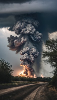 outdoors,sky,day,cloud,tree,no humans,sunlight,cloudy sky,grass,fire,nature,scenery,forest,sun,road,bush