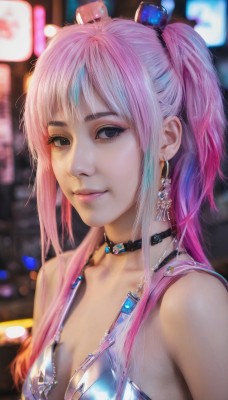 1girl,solo,long hair,breasts,looking at viewer,smile,bangs,blue eyes,hair ornament,cleavage,bare shoulders,twintails,jewelry,medium breasts,closed mouth,swimsuit,upper body,ponytail,pink hair,sidelocks,bikini,multicolored hair,earrings,small breasts,choker,necklace,blurry,black eyes,lips,grey eyes,makeup,depth of field,blurry background,black choker,blue bikini,realistic,nose,blue hair,collarbone,outdoors,artist name,gradient hair,bikini top only,neon lights